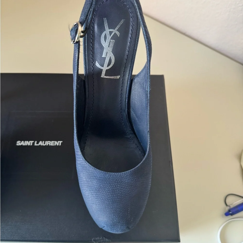 Saint Laurent Navy Blue Suede Tribtoo Slingback Heels 105mm - Picture 7 of 15
